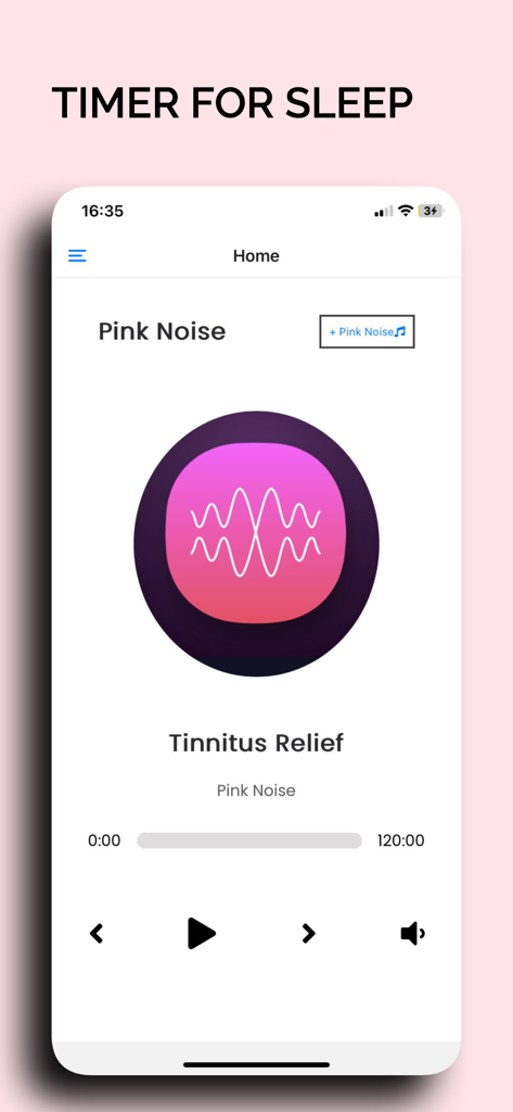 Pink Noise for Sleep app - Pink Noise app home screen showing audio player for tinnitus relief and sleep timer.