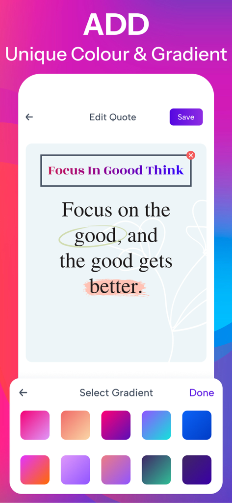 Quotes Creator - Flyer Maker - Interface of the Quotes Creator app showing how to add unique colors and gradients to a motivational quote post