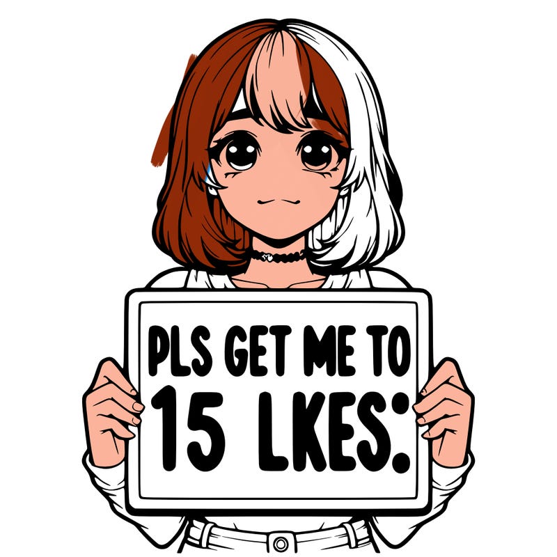 realistic girl holding up a sign that says “pls get me to 15 likes!”