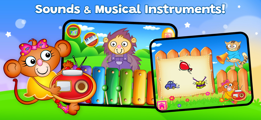 123 Fun GAMES Top Educational - Una pantalla colorida de una aplicación educativa para niños que muestra instrumentos musicales como un xilófono y tambores con un mono de dibujos animados