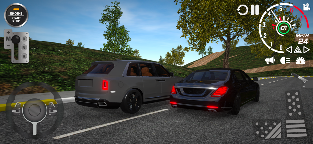 Fast&Grand - 3D Real Car Drive - Captura de tela da jogabilidade de Fast and Grand 3D Real Car Drive mostrando um SUV cinza e um sedan preto em uma estrada aberta com a interface de direção