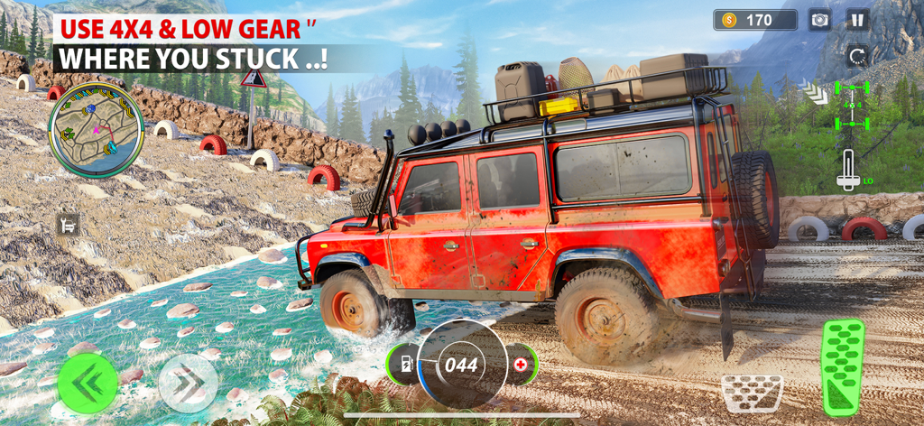 Offroad King Car Driving Game - A red 4x4 SUV driving through a rocky stream in a mountainous offroad simulator environment