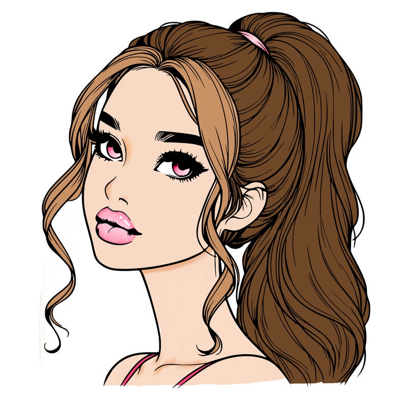 realistic girl with a ponytail on her hair and lips