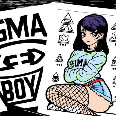 words saying sigma boy and under the word a girl arms cross with fishnets