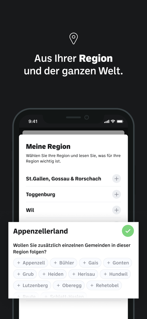 Appenzeller Zeitung - Pantalla de selección de región y municipio de la app Appenzeller Zeitung para noticias locales personalizadas