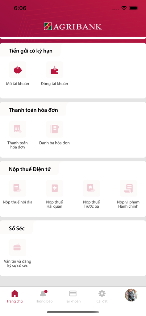 Dashboard of the Agribank Corporate eBanking app displaying corporate financial management features.
