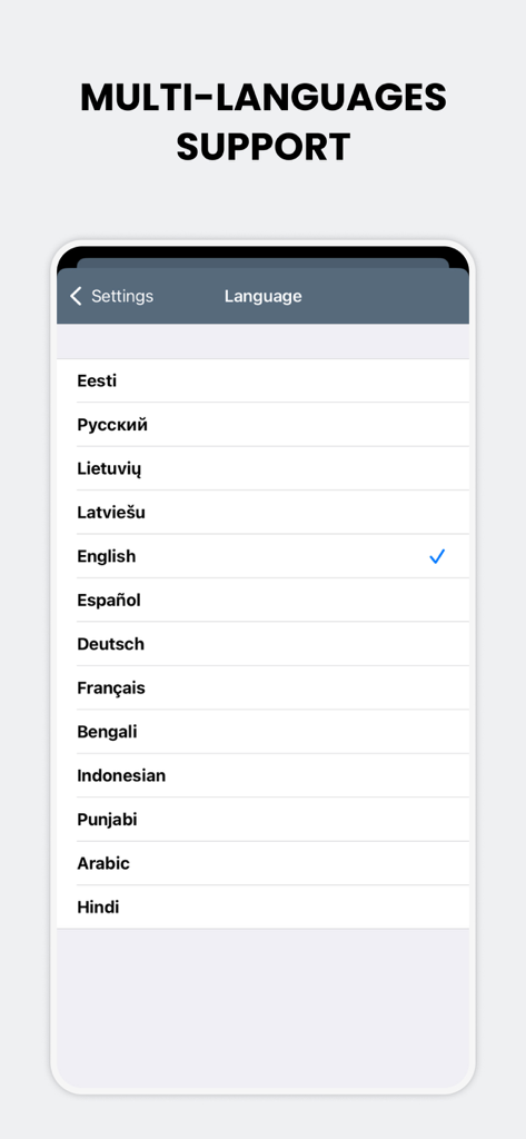 Écran de prise en charge multilingue de l'application Mail.ee affichant une liste de langues internationales.