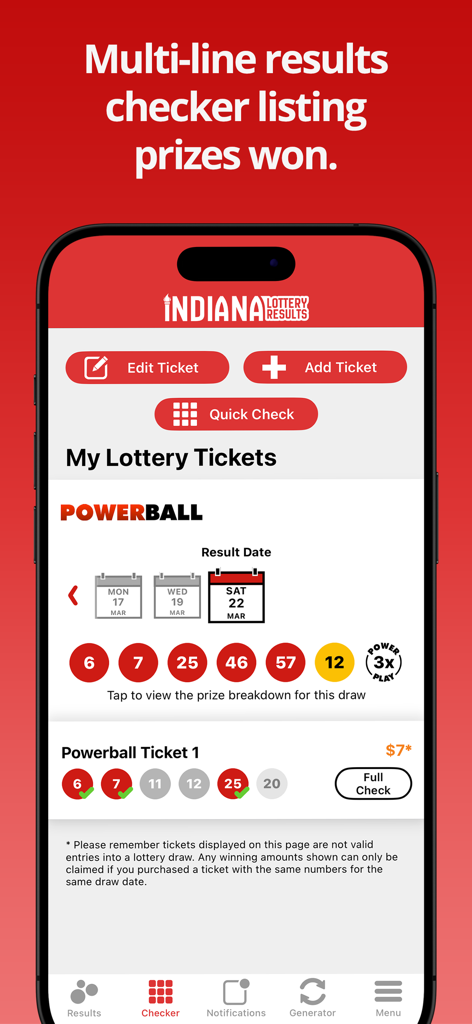 Indiana Lottery Numbers - Indiana Lottery Numbers app showing Powerball ticket checker results
