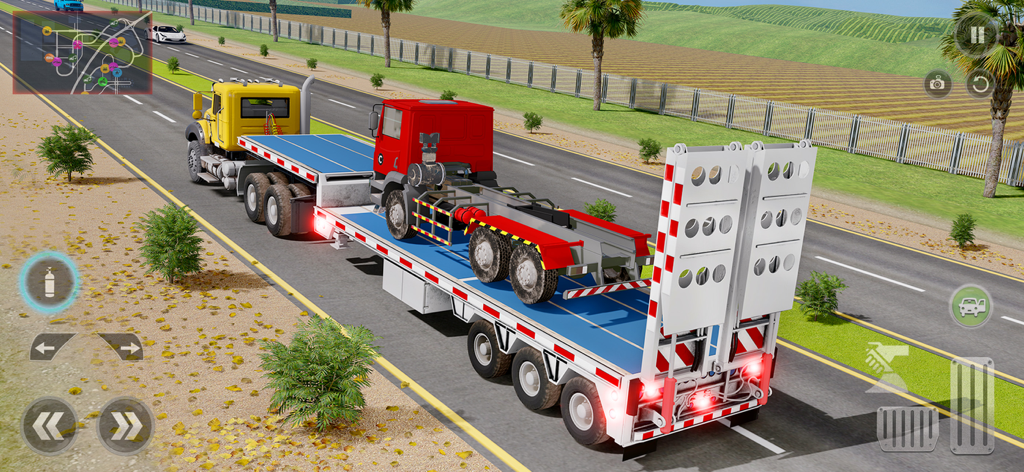 Truck Driving Games Simulator - Yellow truck transporting a red truck on a flatbed trailer in a 3D driving simulation