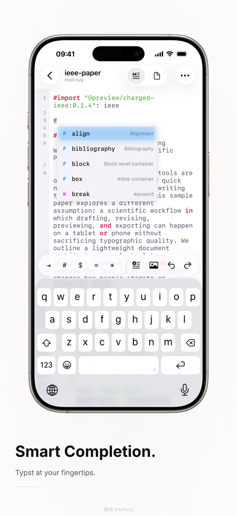 InkPond - Interfaz de la aplicación InkPond que muestra autocompletado inteligente y sugerencias de código en un editor de documentos Typst en iPhone