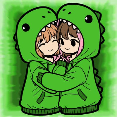 two girls hugging each other in dinosaur hoodies