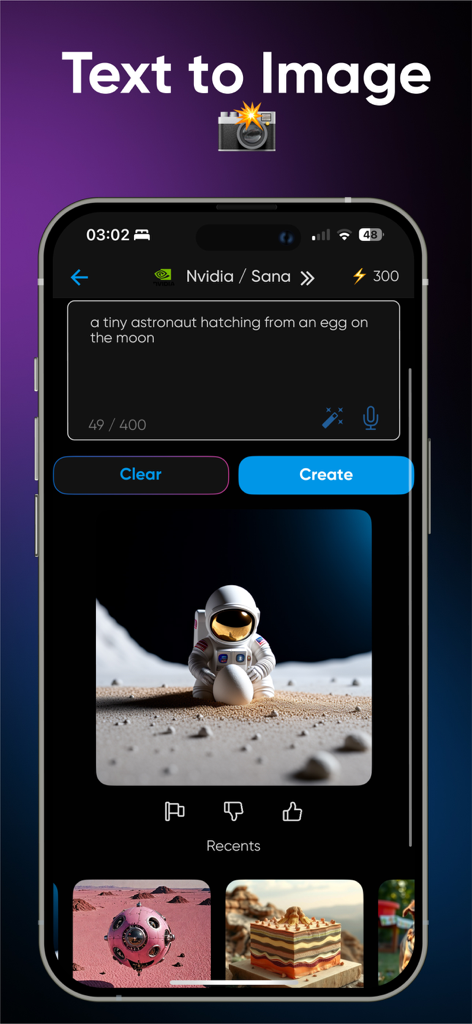 AI Hub: 50+ Open Source LLM - AI Hub app interface showing the text to image generation feature with an astronaut on the moon prompt