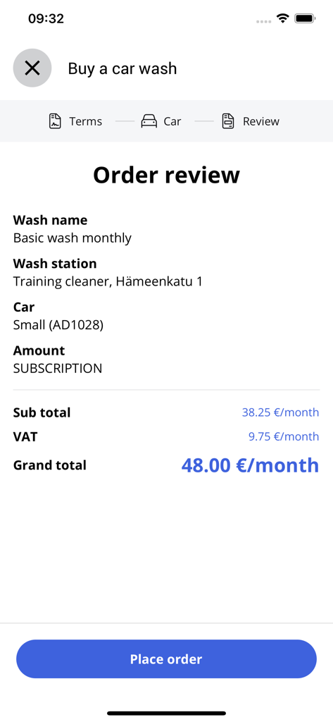 Easy Wash - Easy Wash App-Bestellübersicht für ein monatliches Autowaschabonnement.