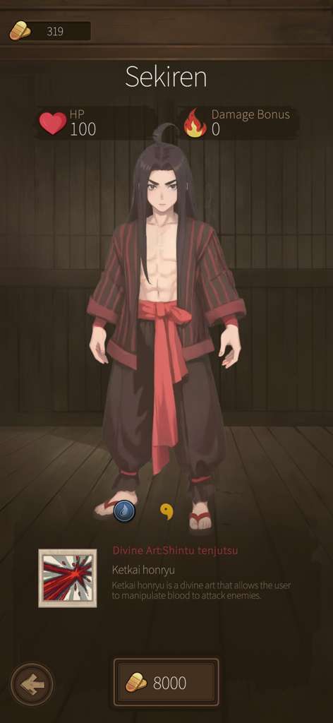 Ninja Sekai - Uma tela de perfil para o personagem Sekiren no Ninja Sekai mostrando suas estatísticas de HP e uma habilidade especial de manipulação de sangue.