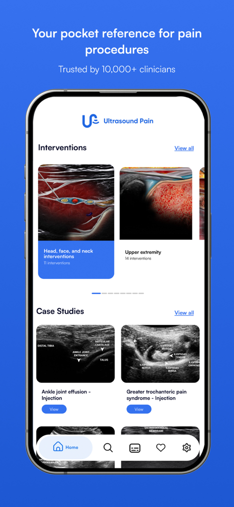 NYSORA Ultrasound Pain app home screen showing medical interventions and clinical case studies