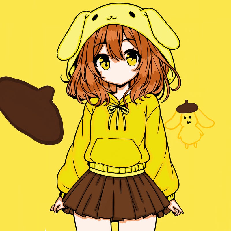 pretty anime girl wearing a fluffy hoodie with bunny ears on the hood and a skirt