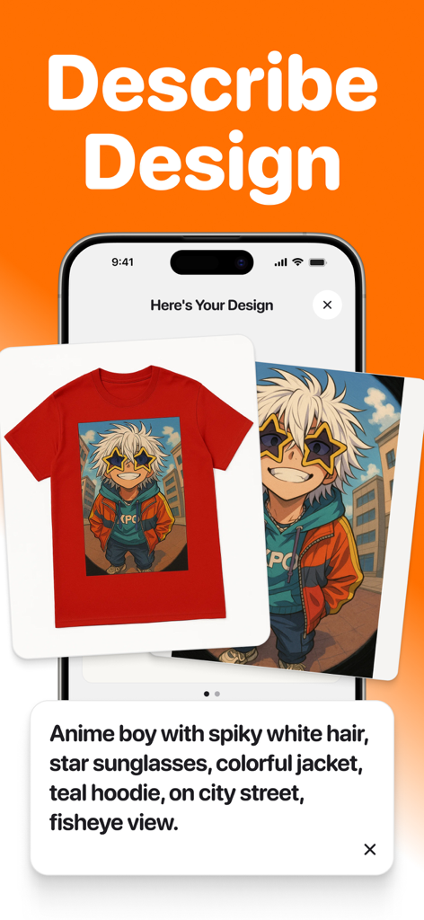 テキストプロンプトとアニメキャラクターのTシャツモックアップを示すAIアパレルデザインアプリ