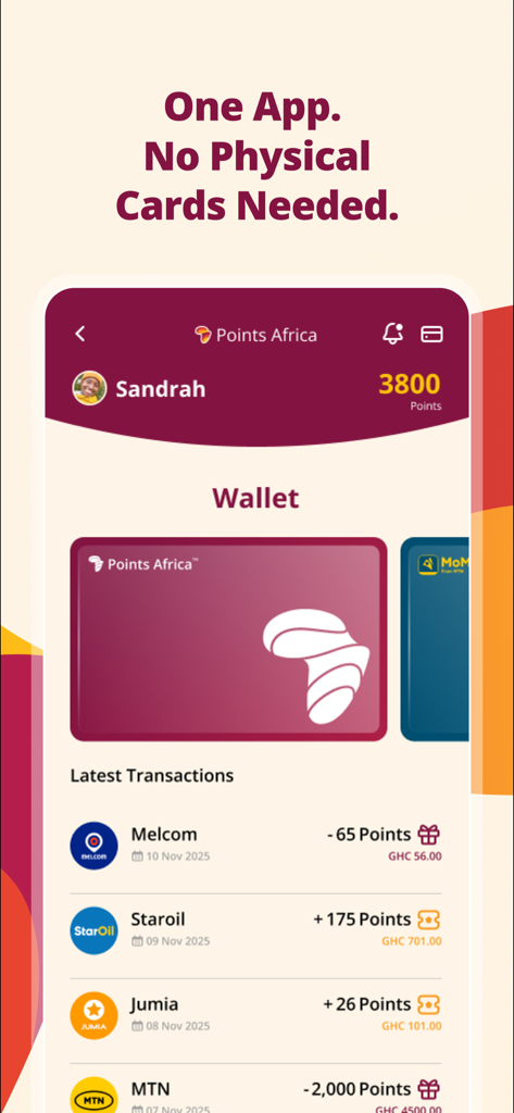 Points Africa - Points Africa app interface showing digital loyalty wallet point balance and recent transactions