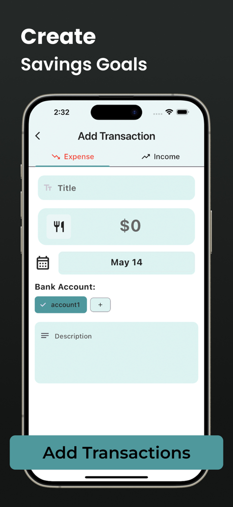 Budget Planner・Expense Manager - A minimalist mobile app screen for adding a new expense or income transaction including title, amount, and category.