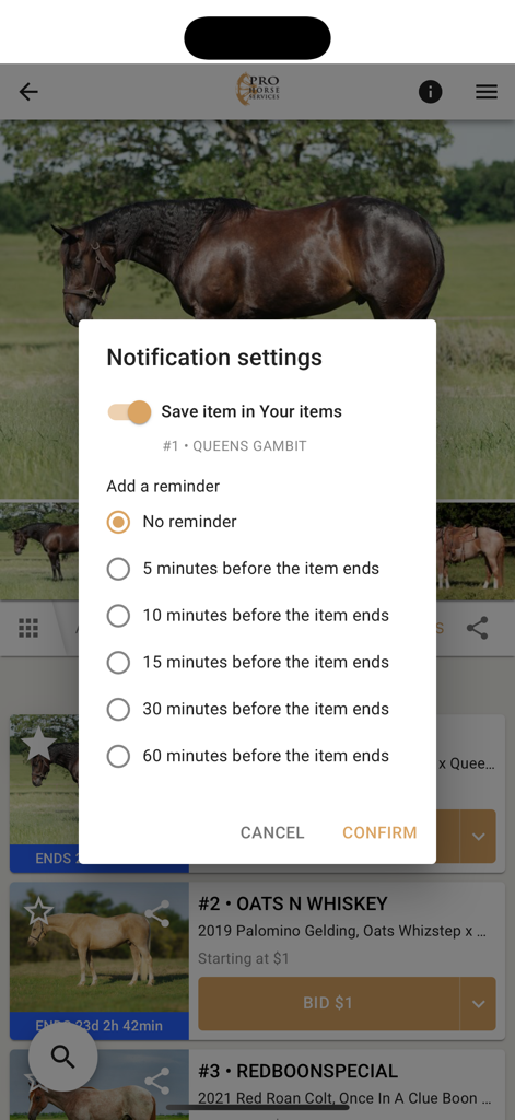 Pro Horse Services - Pro Horse Services app showing notification settings for horse auction reminders