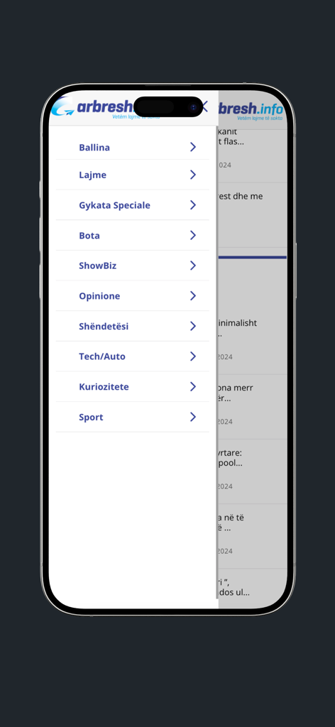 Arbresh.info - Navigation menu of the Arbresh info news app displaying categories in Albanian