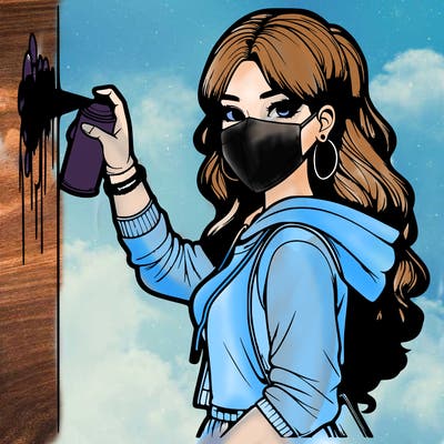 realistic girl with mask spray painting a wall