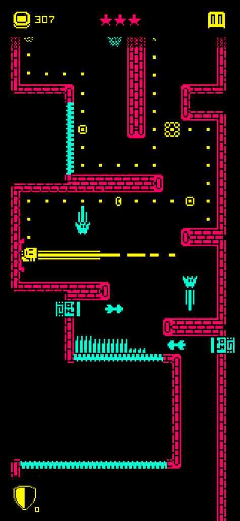 Tomb of the Mask: Pixel Maze - Captura de pantalla de la jugabilidad de Tomb of the Mask que muestra un laberinto de píxeles retro de neón con trampas y monedas.