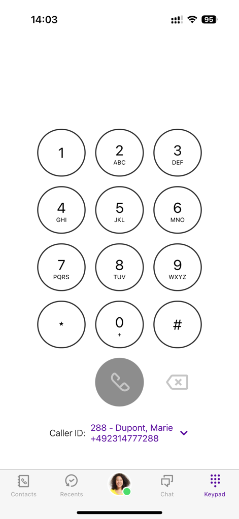 Numerische Tastaturansicht der Swyx Mobile Business-App mit Wählfeld und Auswahl der Anrufer-ID