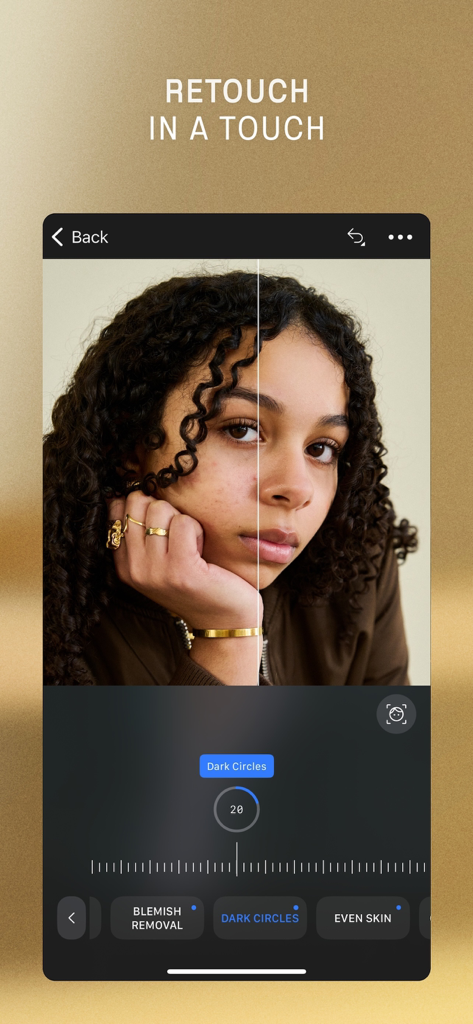 Capture One - Interfaccia dell'app mobile Capture One che mostra il ritocco di un ritratto prima e dopo con strumenti per occhiaie e rimozione imperfezioni