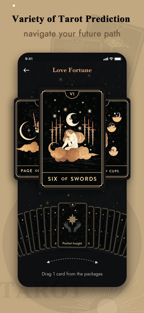 Pocket Insight app interface displaying a Love Fortune tarot reading featuring the Six of Swords card