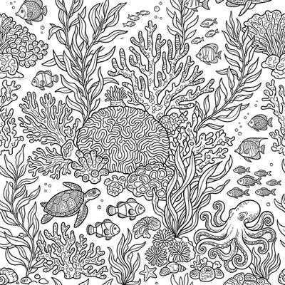 Immerse yourself in the beauty of the ocean with this captivating oceanic coral patterns coloring page. Discover a rich tapestry of marine life, from intricate corals and flowing seaweed to playful fish and a graceful sea turtle, all awaiting your artistic touch.
