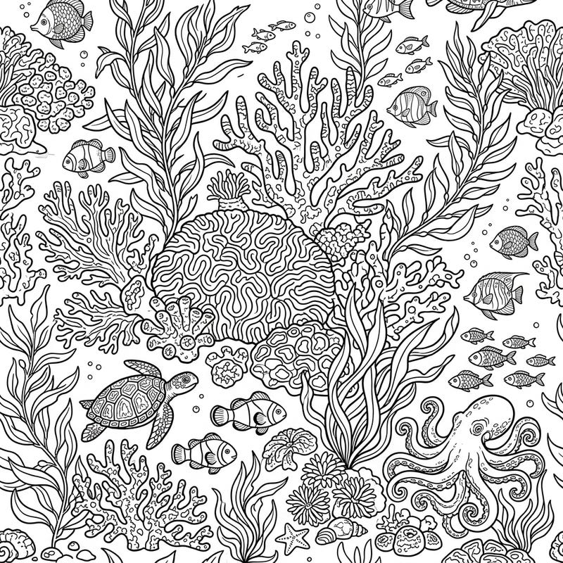 Immerse yourself in the beauty of the ocean with this captivating oceanic coral patterns coloring page. Discover a rich tapestry of marine life, from intricate corals and flowing seaweed to playful fish and a graceful sea turtle, all awaiting your artistic touch.