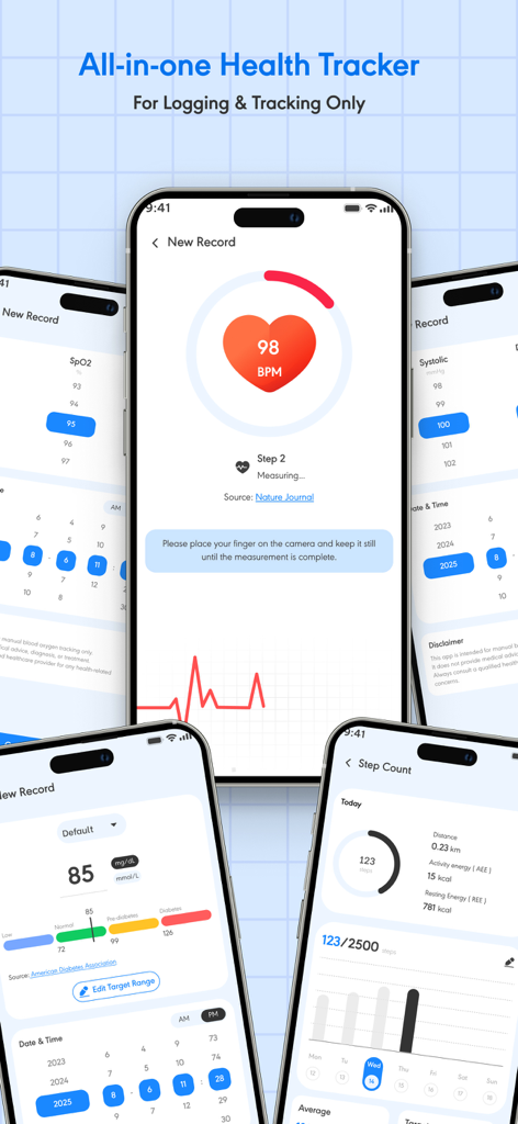 Cardiora: Blood Pressure - Cardiora app interface showcasing heart rate blood sugar and step count tracking features