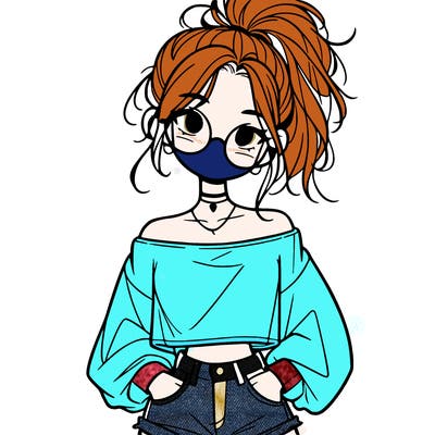 girl with a messy ponytail glasses a baggy crop top and jean shorts