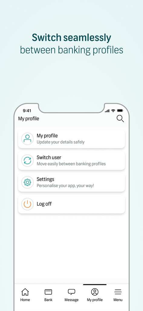 Interface do FNB Banking App exibindo o recurso de alternância de usuário para gerenciar vários perfis bancários.
