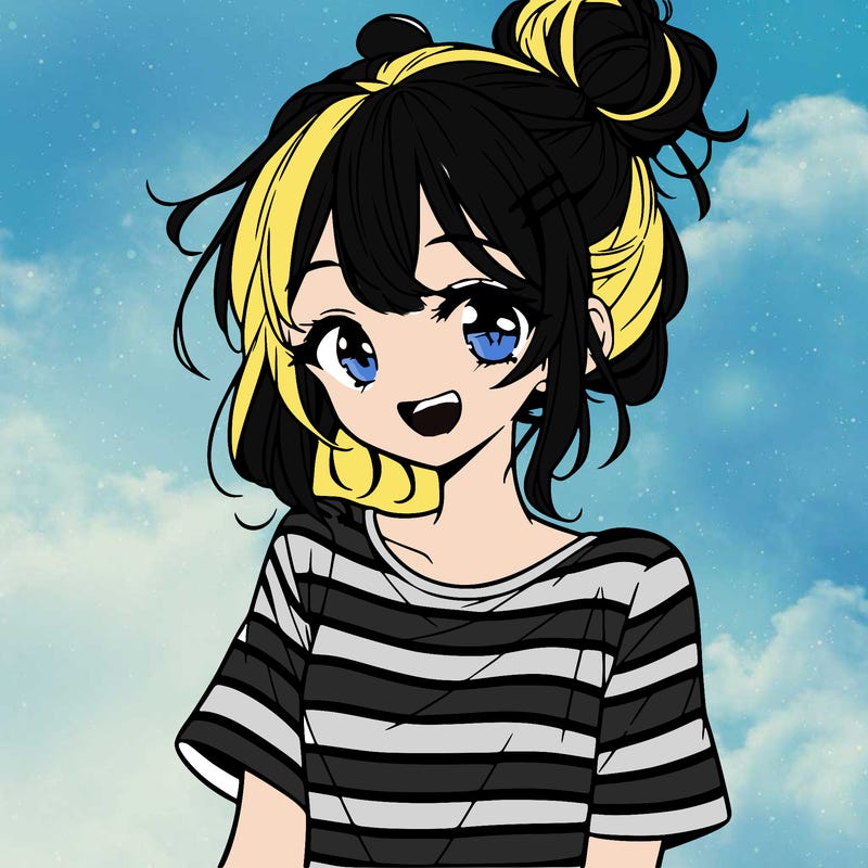 anime girl teenager striped shirt and smile and messy bun