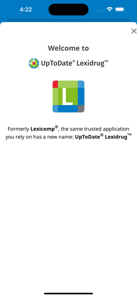 Welcome screen for UpToDate Lexidrug announcing the rebranding from Lexicomp