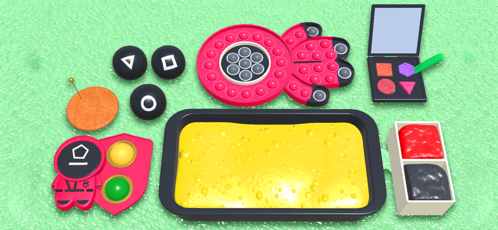 Fidget Slime Kit! Sensory Play - A top-down view of virtual fidget toys including a pink pop-it and makeup palette next to a tray of yellow slime.