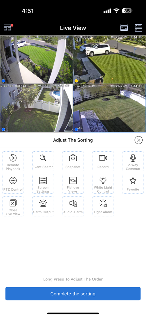 Live multi-camera security feed and control dashboard in the Luma View app.