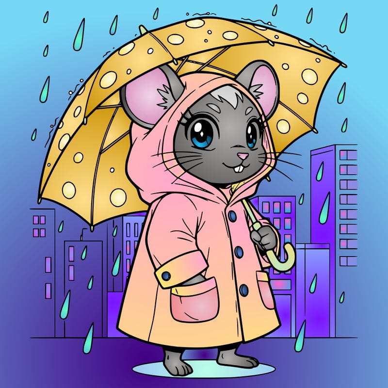 kawaii mouse wearing a raincoat carrying and umbrella