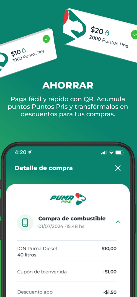 Puma PRIS (PA) - Oberfläche der Puma PRIS App, die Details zum Kraftstoffkauf und zur Sammlung von Punkten für Rabatte anzeigt