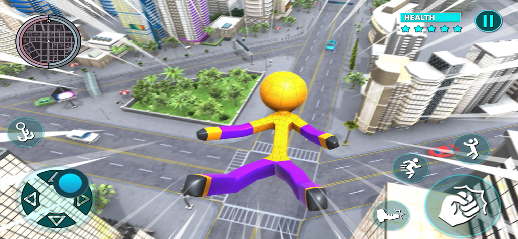 Grand Stickman City Hero Game - Stickman superhero flying through a city in an open-world action game