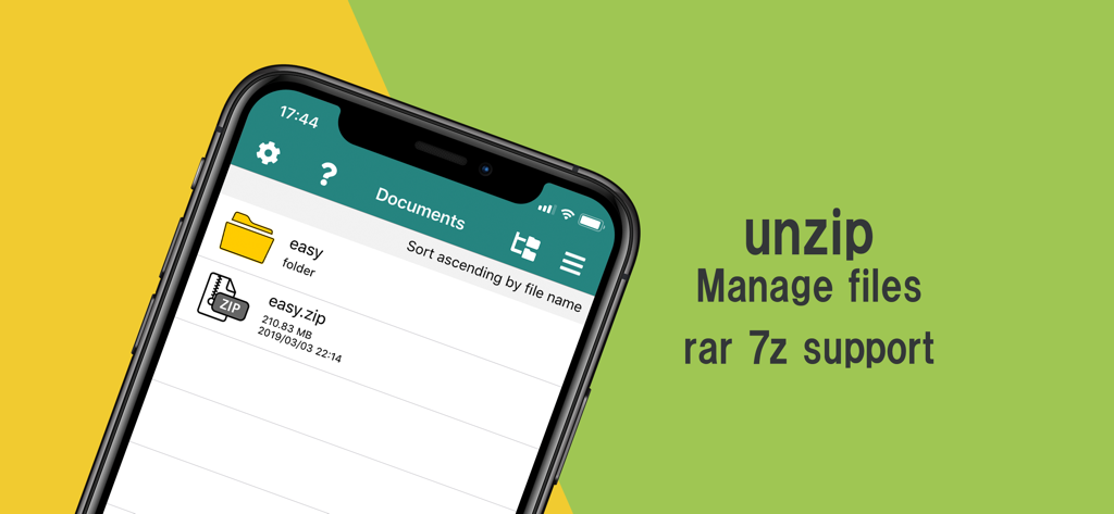 Easy zip - Manage zip/rar file - Interface de l'application Easy zip sur iPhone montrant la gestion des fichiers et la prise en charge de la décompression pour rar et 7z