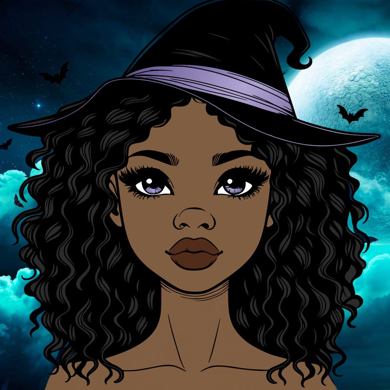 realistic black girl with wavy hair and witch hat and nose and lips