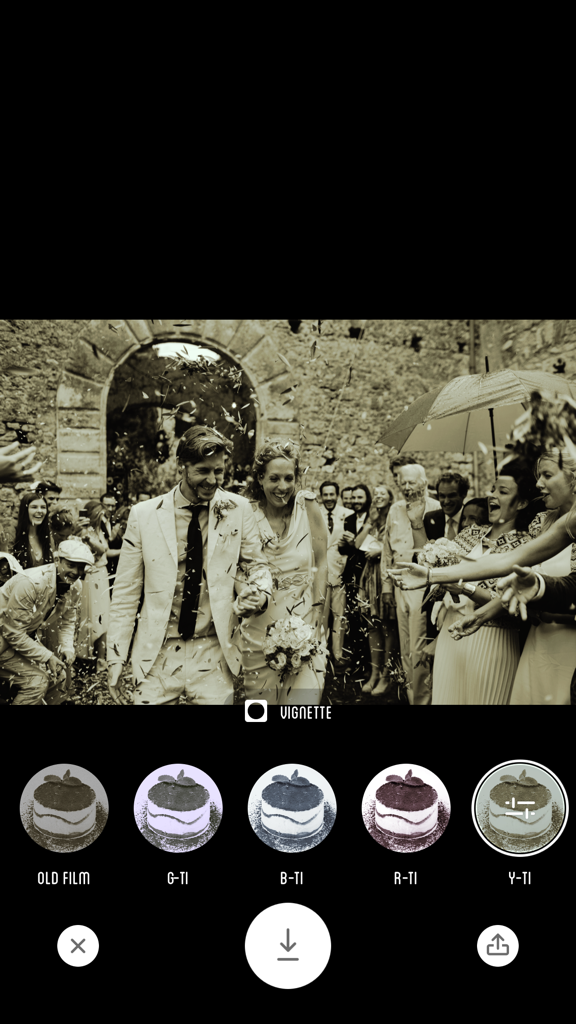 A sepia toned wedding photo being edited in the Tiramisu Camera app with tiramisu cake shaped filter icons.
