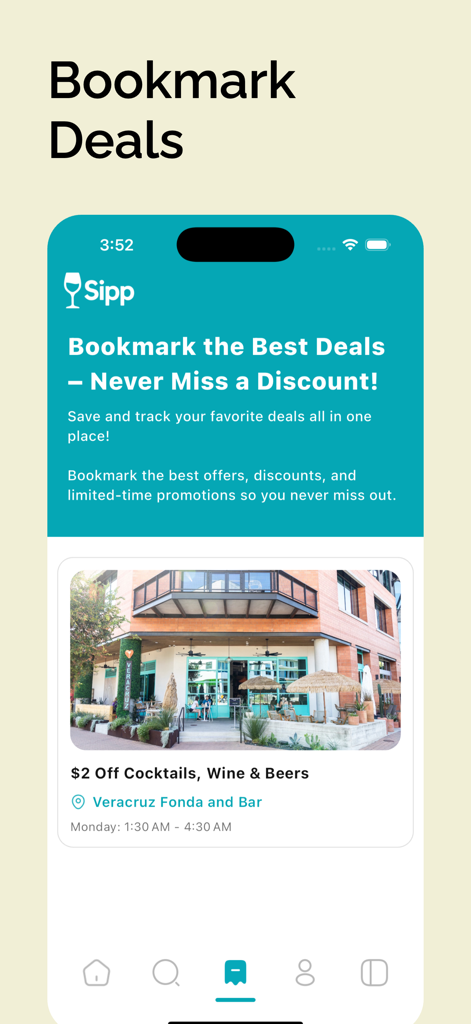 Interfaccia dell'app Sipp che mostra un'offerta salvata per l'happy hour di cocktail e birra in un bar locale