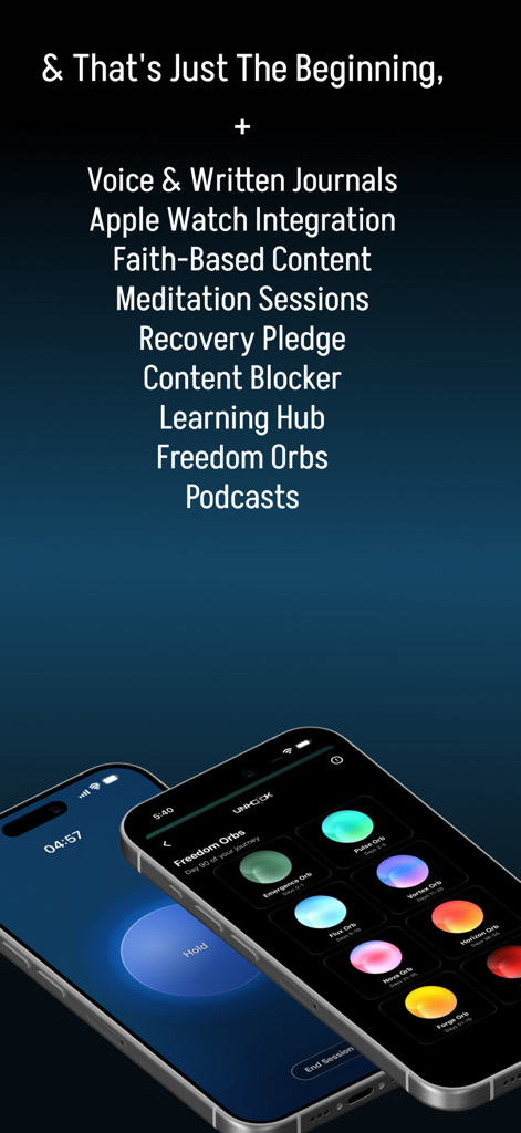 Unhook: Quit Porn & Reboot - A list of app features including journals, apple watch integration, and freedom orbs dashboard displayed on two smartphones.