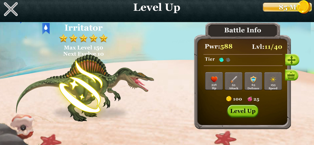 Dinosaur Zoo-The Jurassic game - Pantalla de subir de nivel para un dinosaurio Irritator en Dinosaur Zoo que muestra estadísticas de batalla y nivel de poder