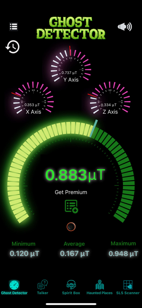 Interface of the Spirit Contact Talker app showing a ghost detector with real-time EMF readings on X, Y, and Z axes