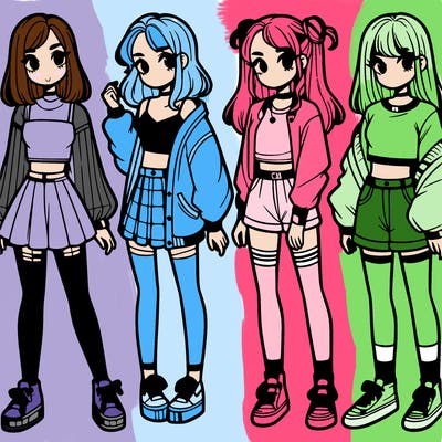 one girl with crop-top shirt and a jacket with a skirt, long socks and another girl with a shirt and pants with a jacket